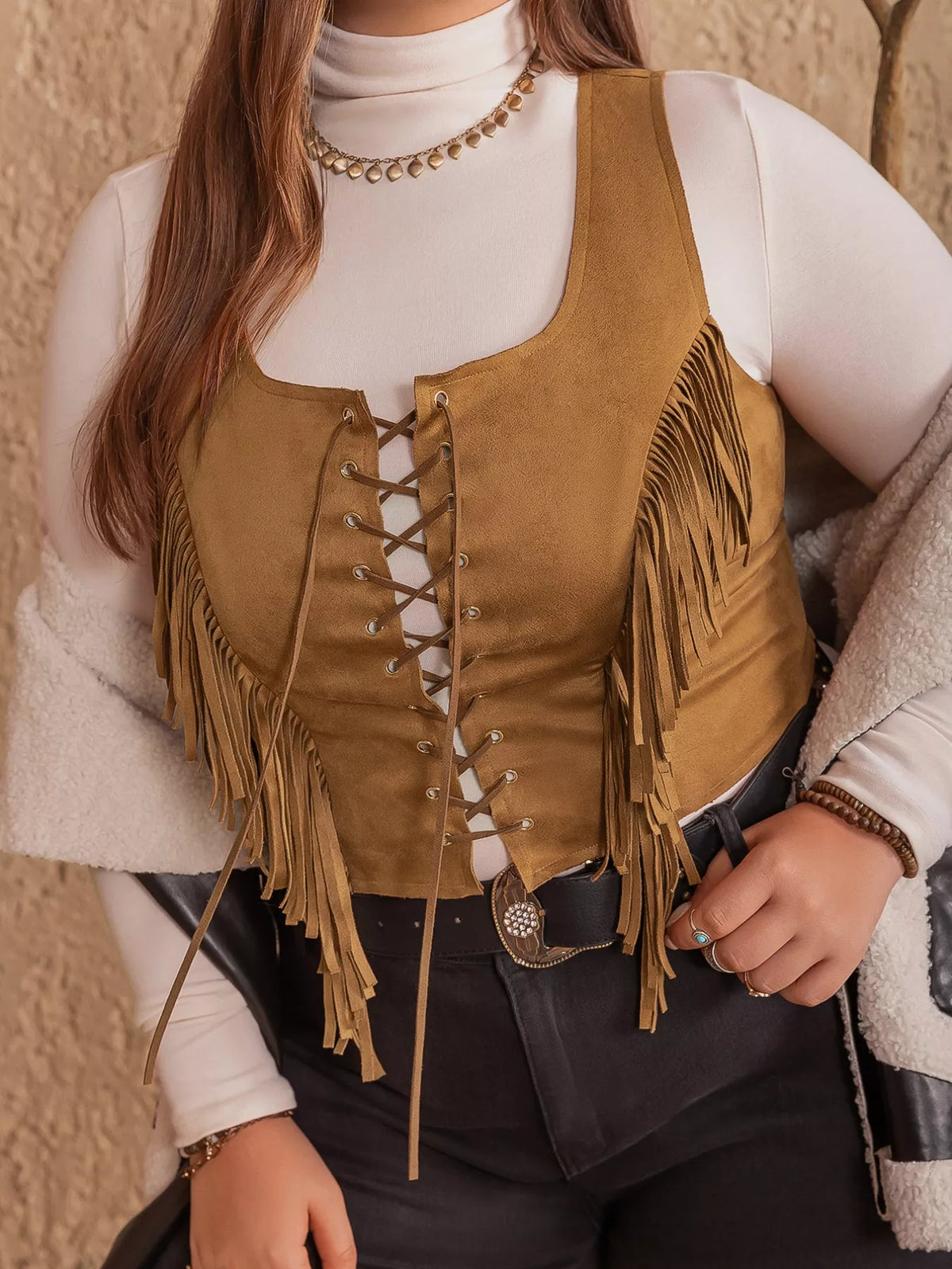 Caramel Fringe Faux-Suede Vest — Plus Size