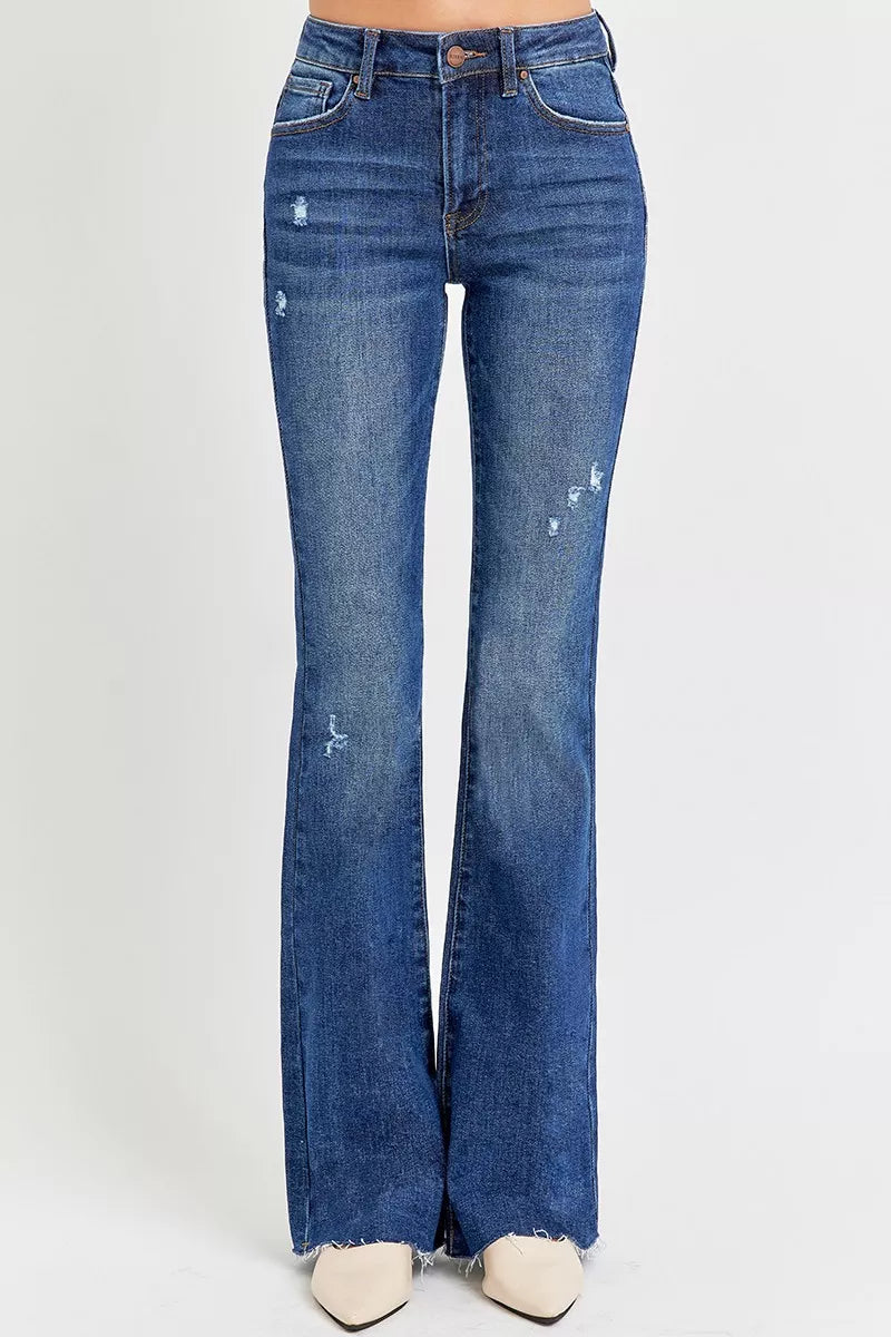 RISEN Distressed Mid Rise Flare Jeans