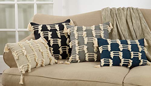 Fennco Styles Bohemian Cord Appliqué Frayed Tasseled 100% Cotton Seat Décor – Variety Color Throw Pillow and Blanket for Couch, Bedroom and Living Room Décor