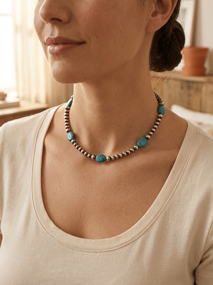 4mm & 5mm Sterling Pearl & Turquoise Choker — 15 inch (Handmade in North Texas)