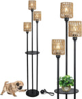 Boho Floor Lamp with Shelves 3-Lights Farmhouse Tall Floor Lamp with ON/OFF Foot Switch Rustic Standing Lamp with Rattan Shades