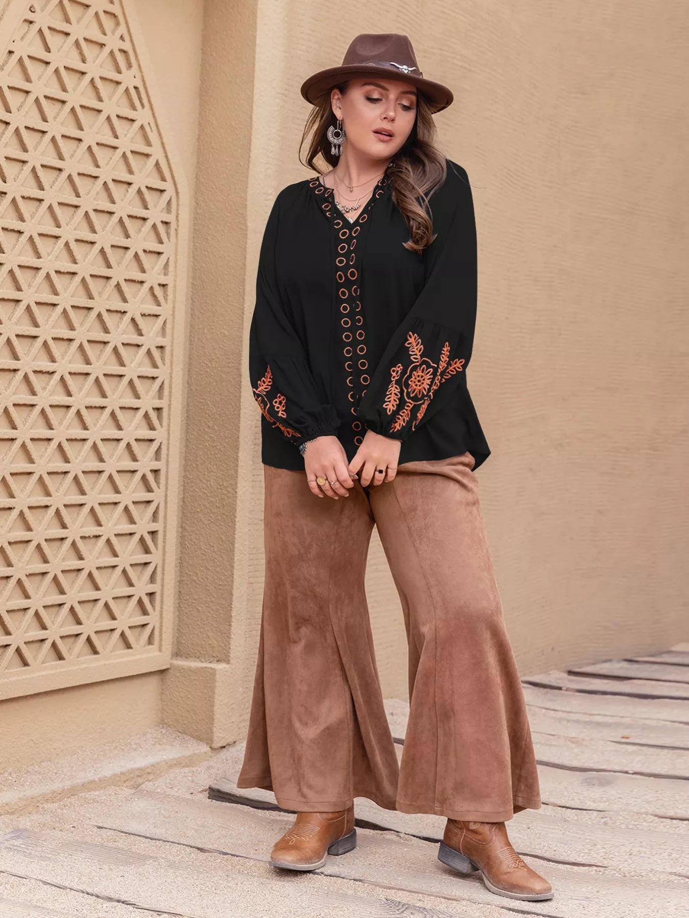 Plus Size Boho Embroidered Long Sleeve Blouse