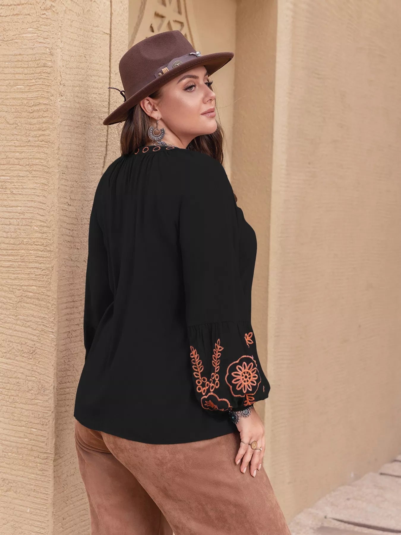Plus Size Boho Embroidered Long Sleeve Blouse