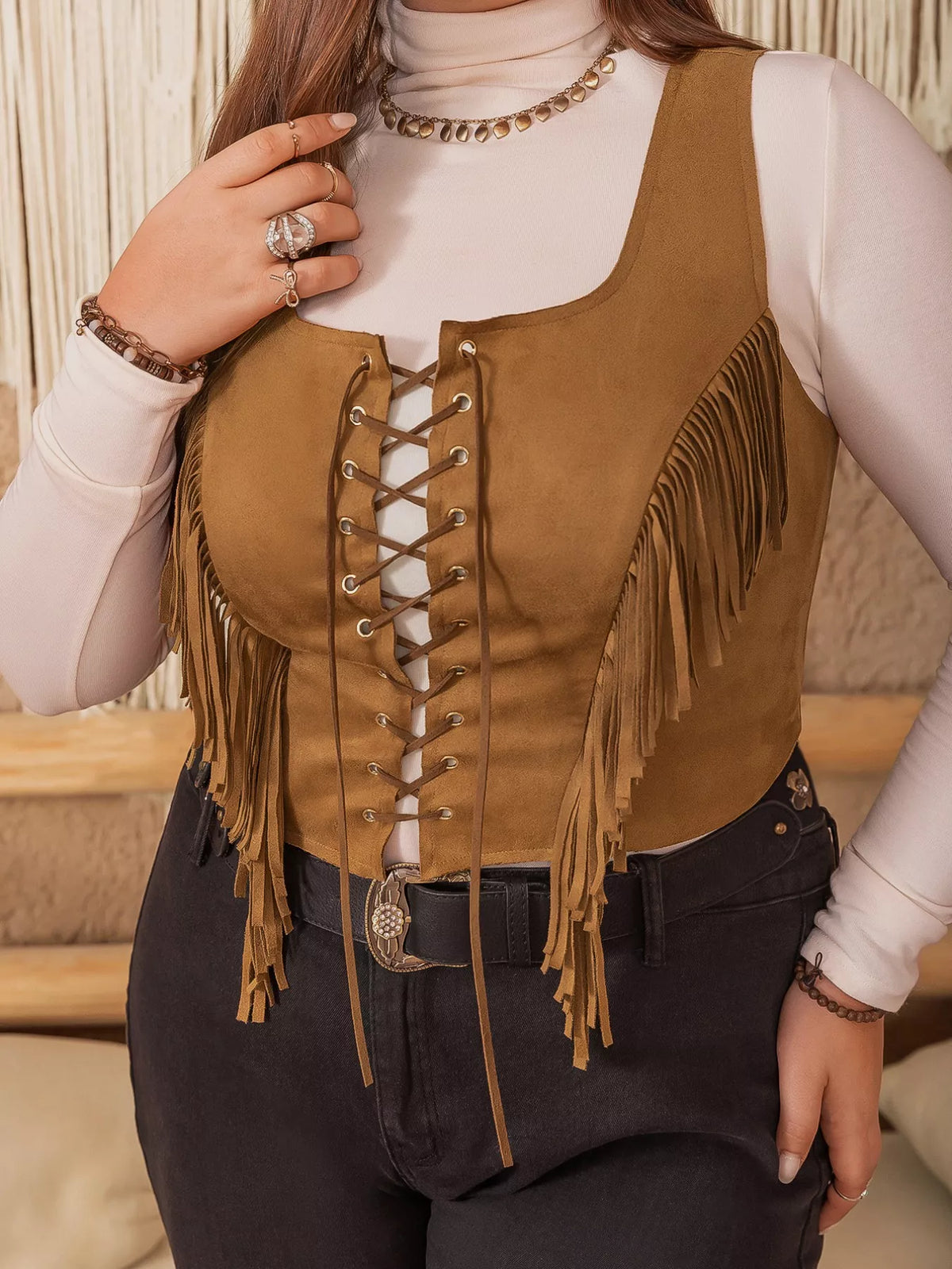 Caramel Fringe Faux-Suede Vest — Plus Size