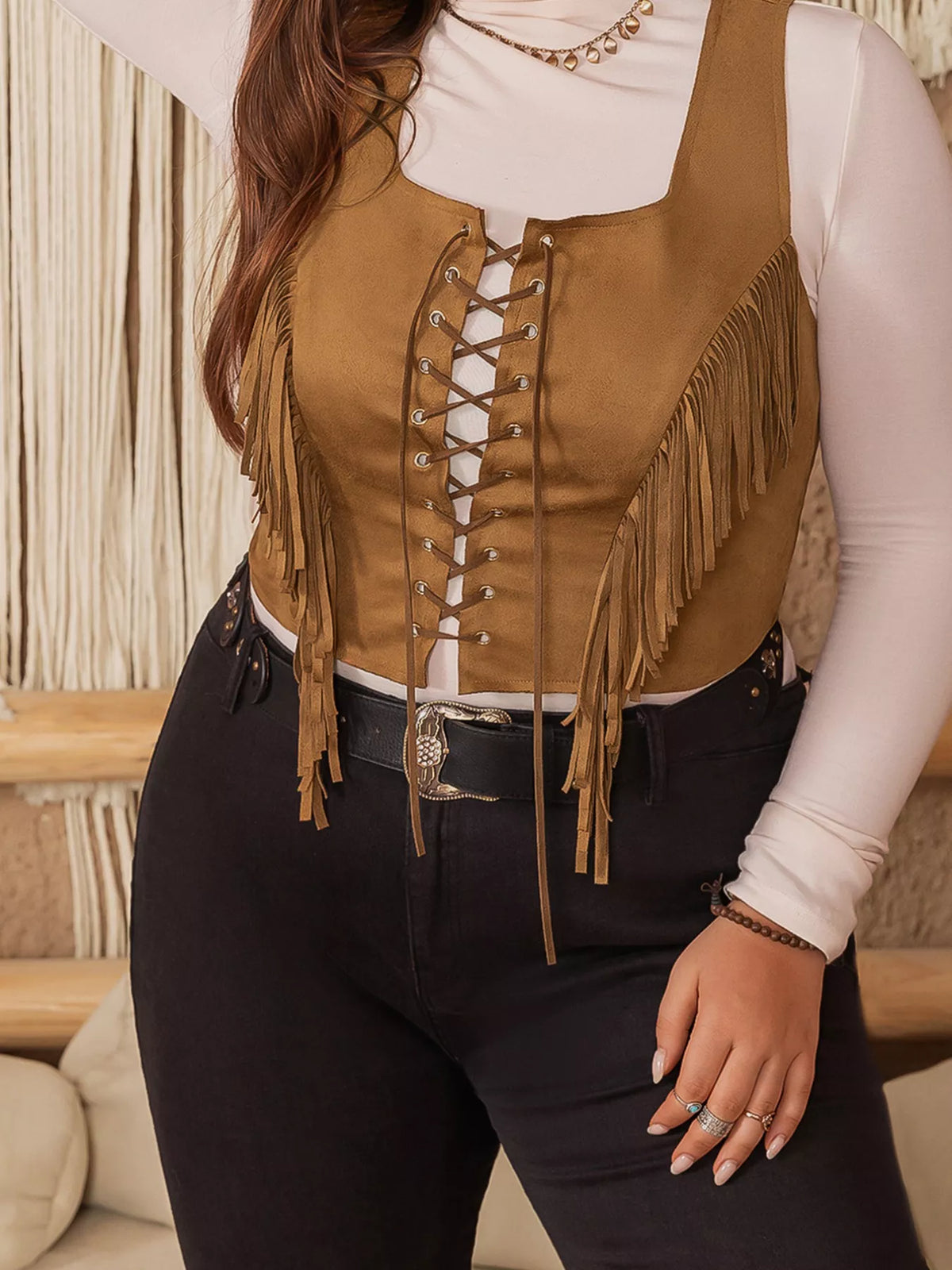 Caramel Fringe Faux-Suede Vest — Plus Size
