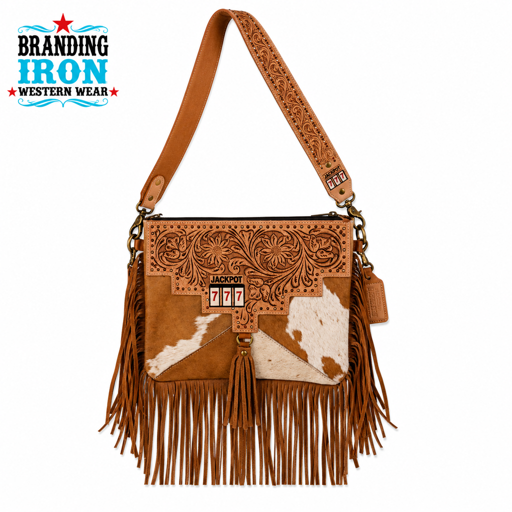 Jackpot 777 Cowhide Fringe Crossbody Purse
