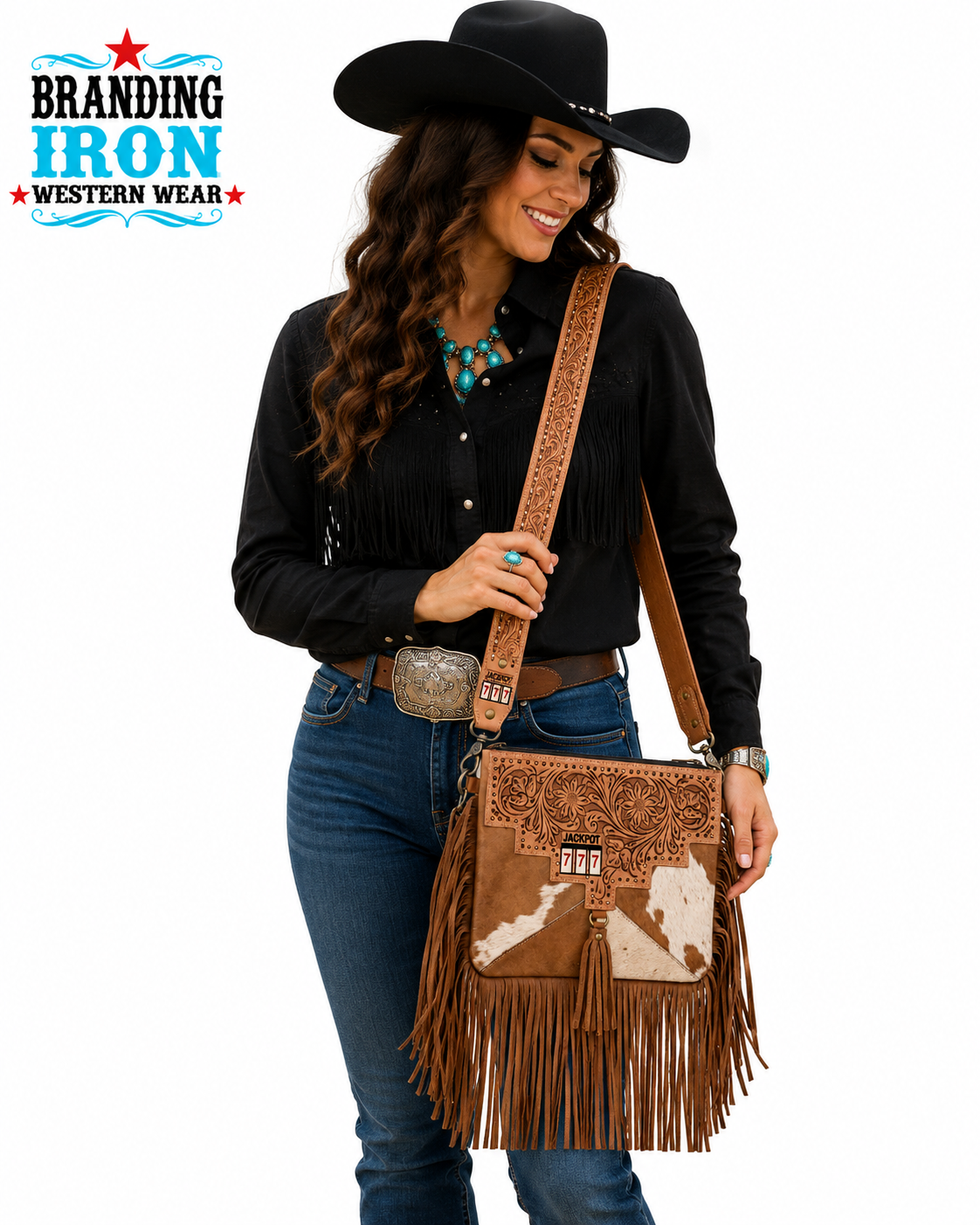 Jackpot 777 Cowhide Fringe Crossbody Purse
