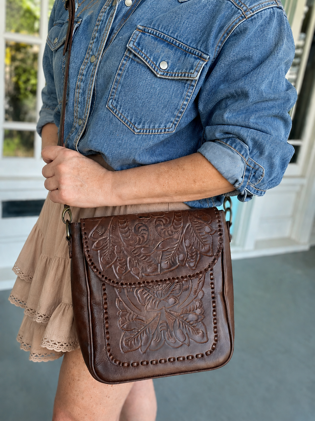 Kimberly Hand-Tooled Leather Messenger Bag
