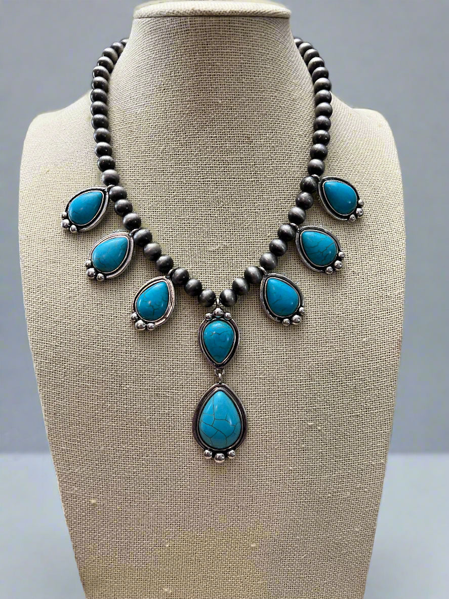 Faux Turquoise Teardrop & Silver-Tone Bead Necklace