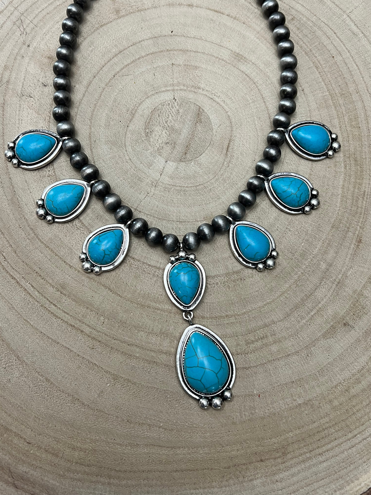 Faux Turquoise Teardrop & Silver-Tone Bead Necklace