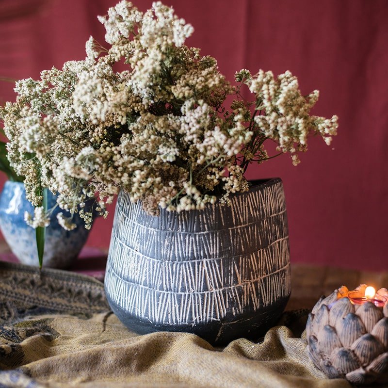 Charcoal Geometric Ceramic Pot — Three Style Options