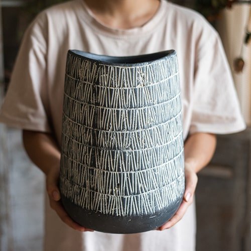 Charcoal Geometric Ceramic Pot — Three Style Options