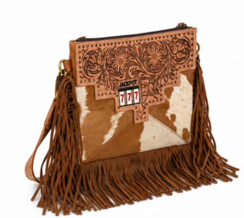Jackpot 777 Cowhide Fringe Crossbody Purse