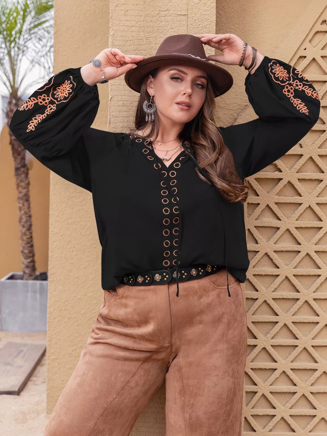 Plus Size Boho Embroidered Long Sleeve Blouse
