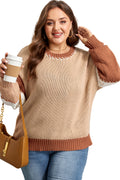 Light French Beige Contrast Stitch Detail Color Block Knitted Plus Size Sweater