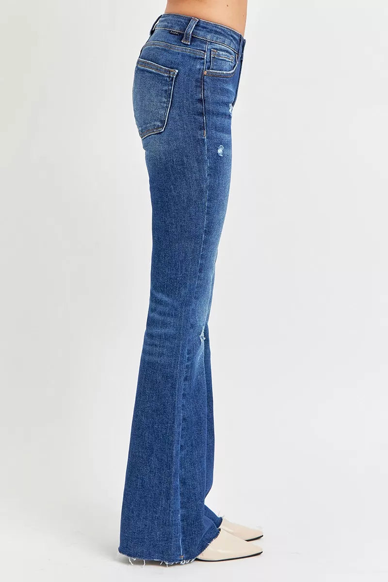 RISEN Distressed Mid Rise Flare Jeans