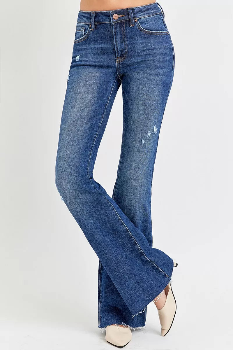 RISEN Distressed Mid Rise Flare Jeans