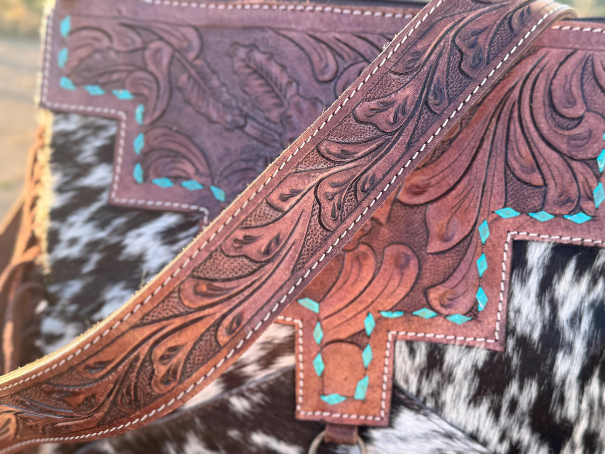Brown Cowhide Tooled Leather Fringe Purse
