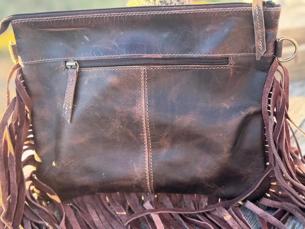 Brown Cowhide Tooled Leather Fringe Purse