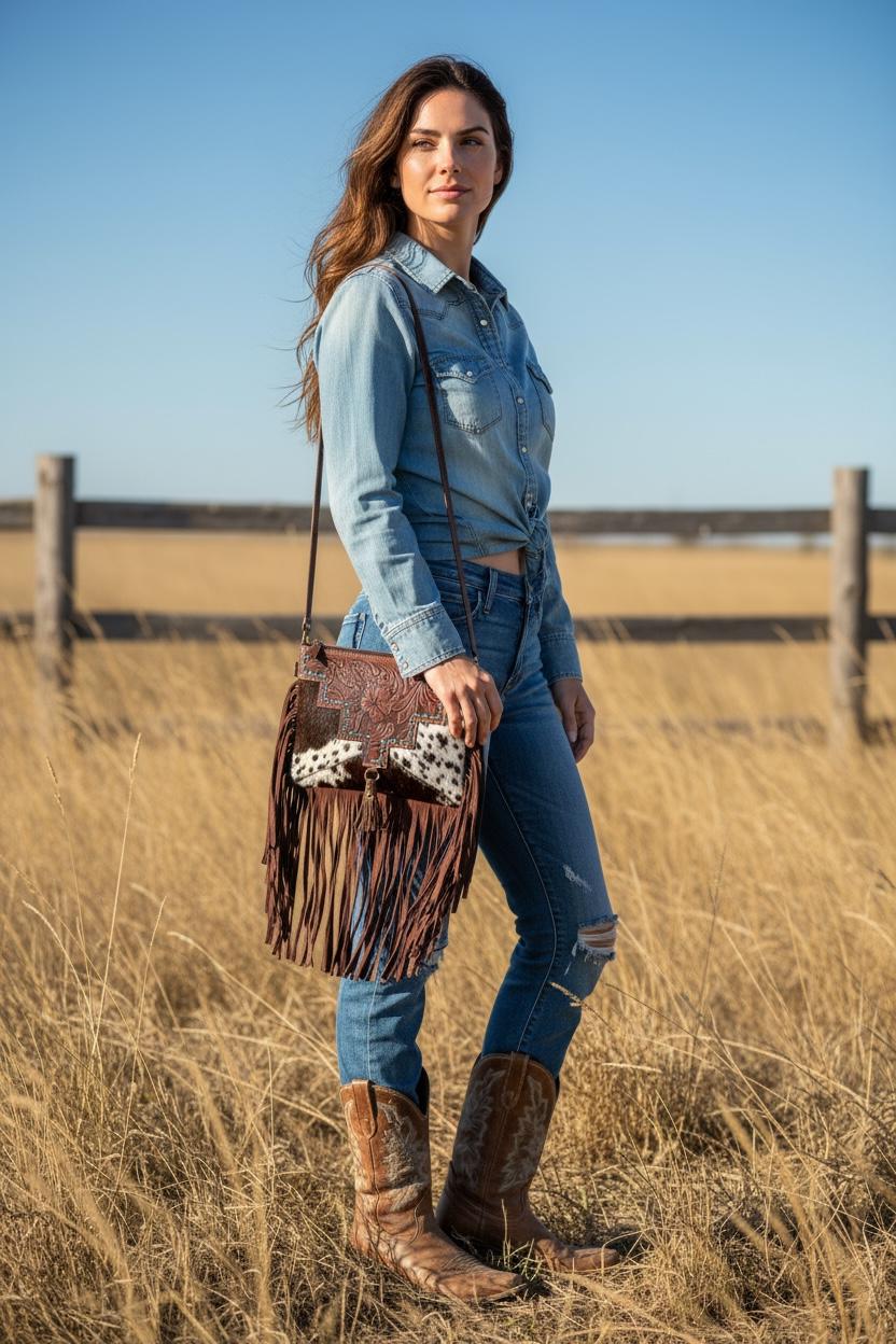 Brown Cowhide Tooled Leather Fringe Purse