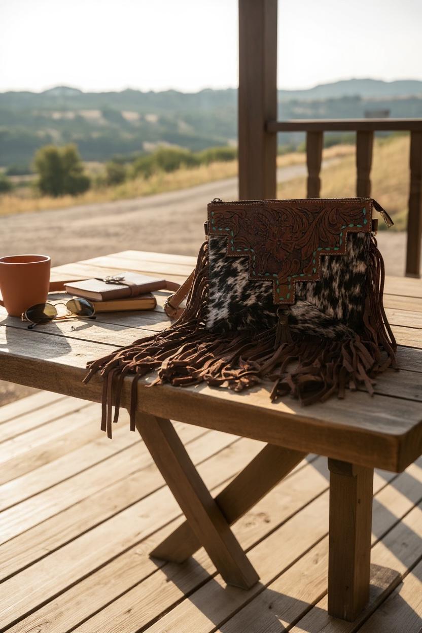 Brown Cowhide Tooled Leather Fringe Purse