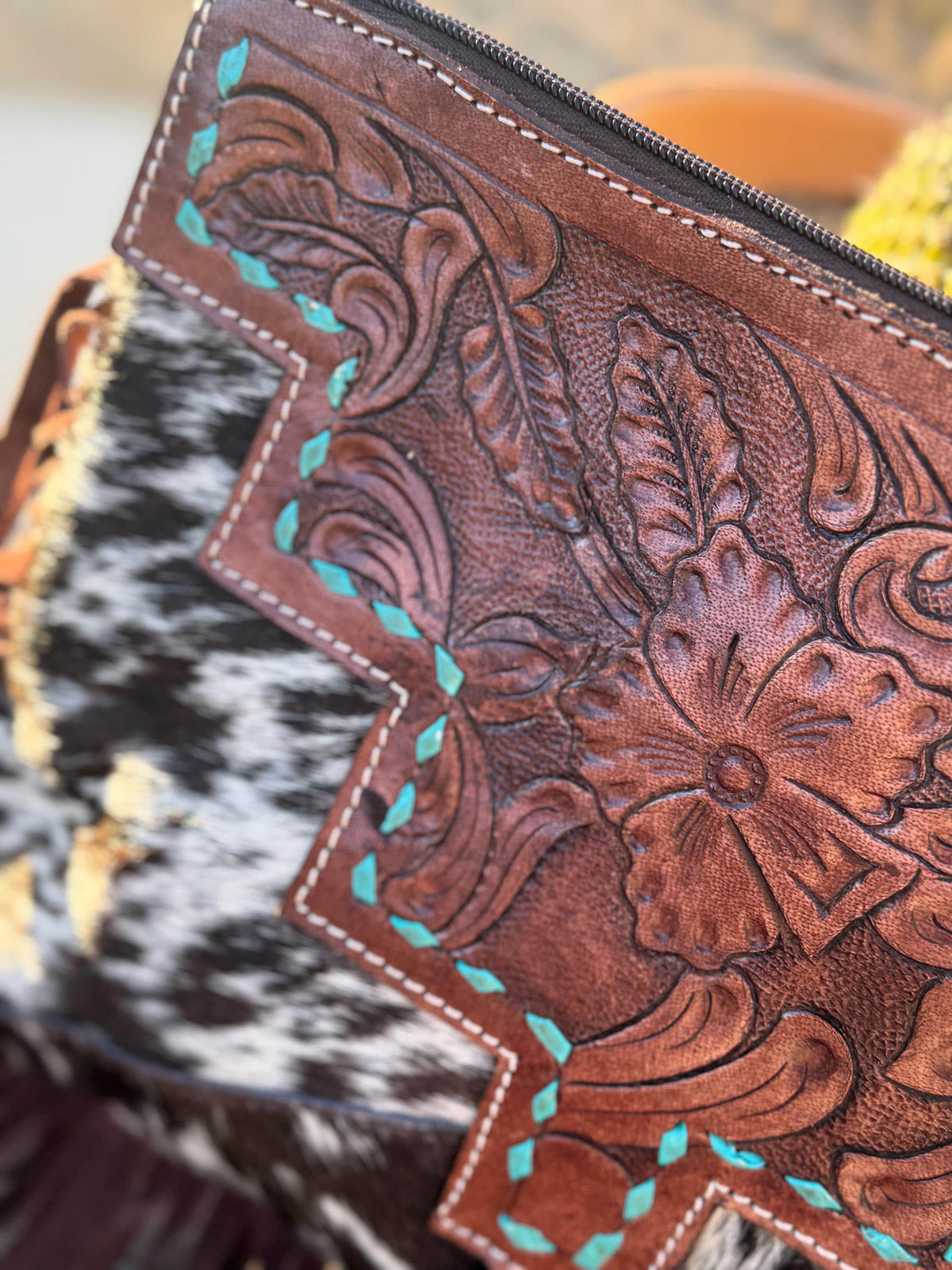 Brown Cowhide Tooled Leather Fringe Purse