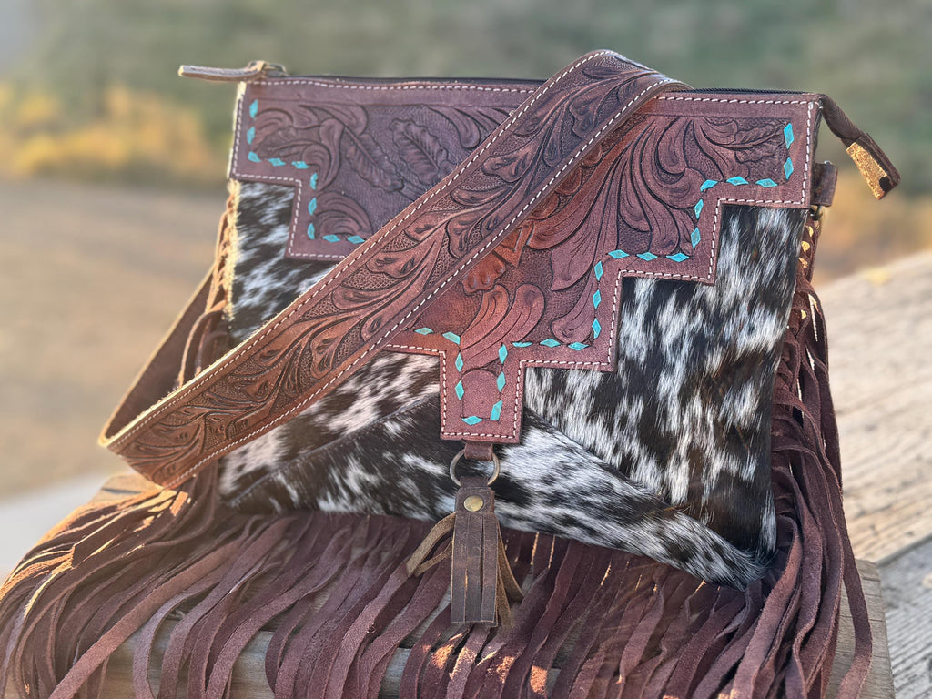 Brown Cowhide Tooled Leather Fringe Purse