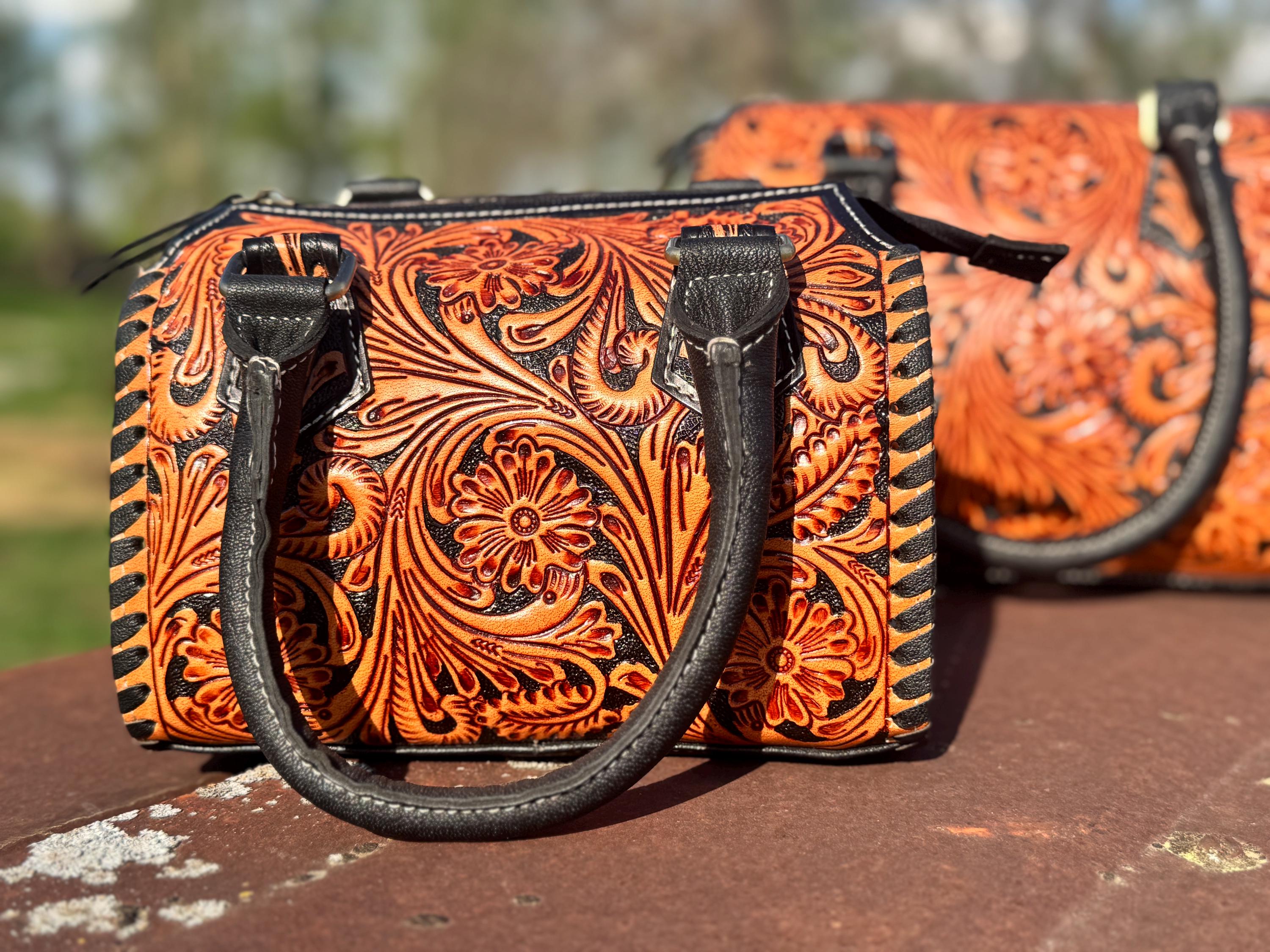 Western Nights Black Speedy Genuine Leather Barrel Bag Purse by Double B