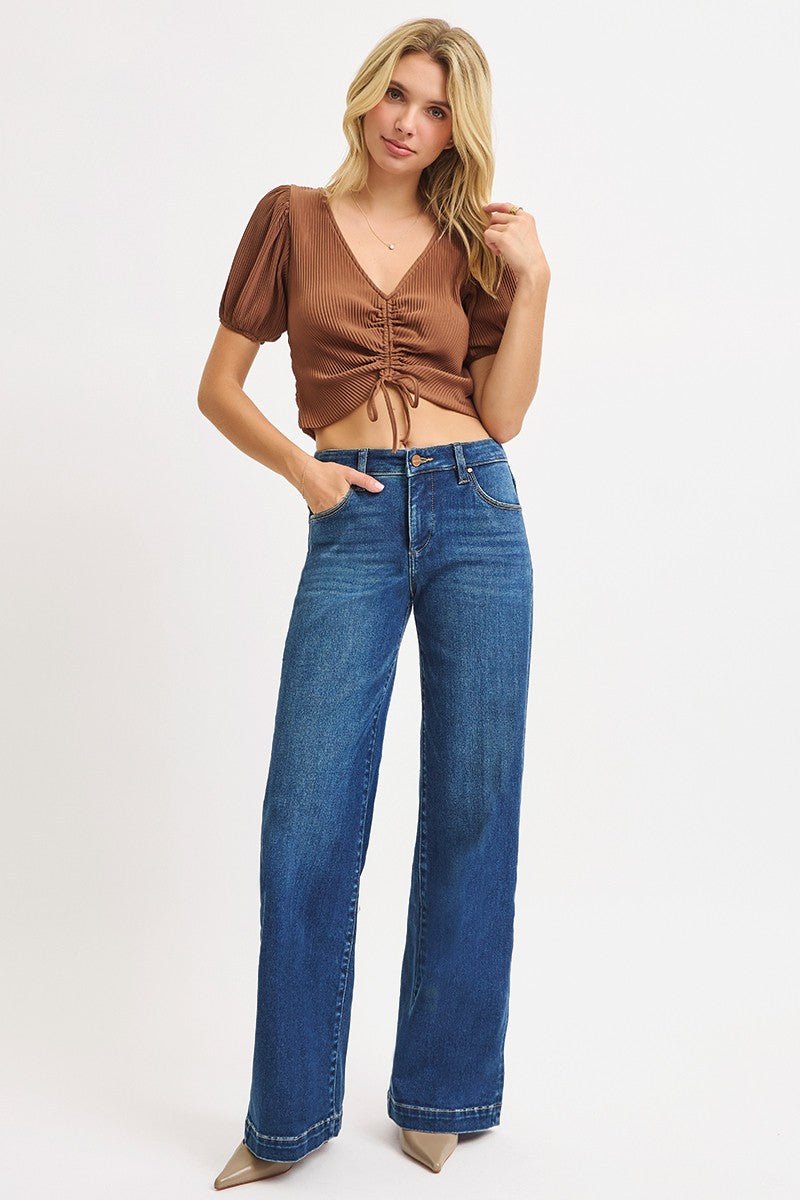 Risen Mid-Rise Wide Iron Press Line Detail Western Jeans — Dark Wash with Tummy Control & Slanted Pockets