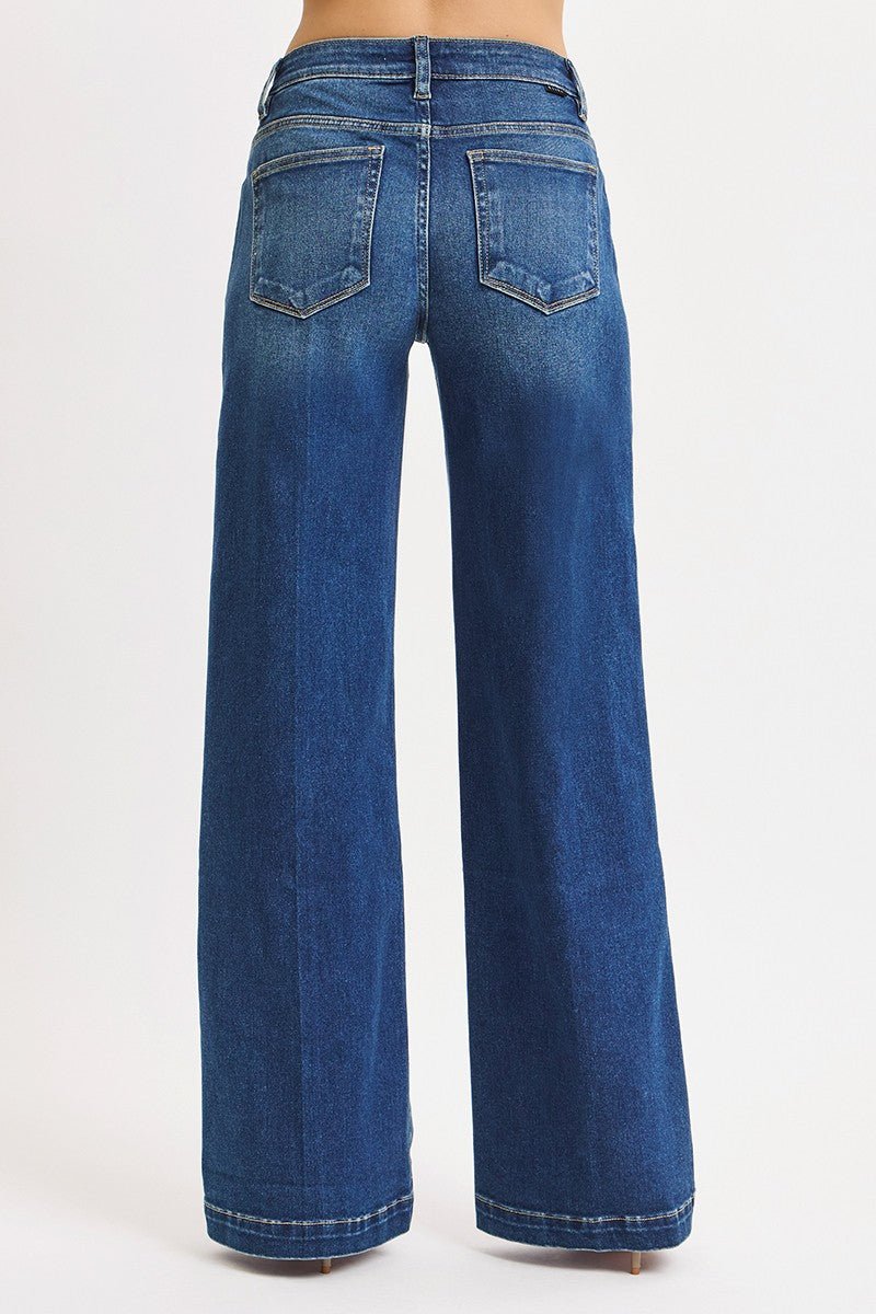 Risen Mid-Rise Wide Iron Press Line Detail Western Jeans — Dark Wash with Tummy Control & Slanted Pockets