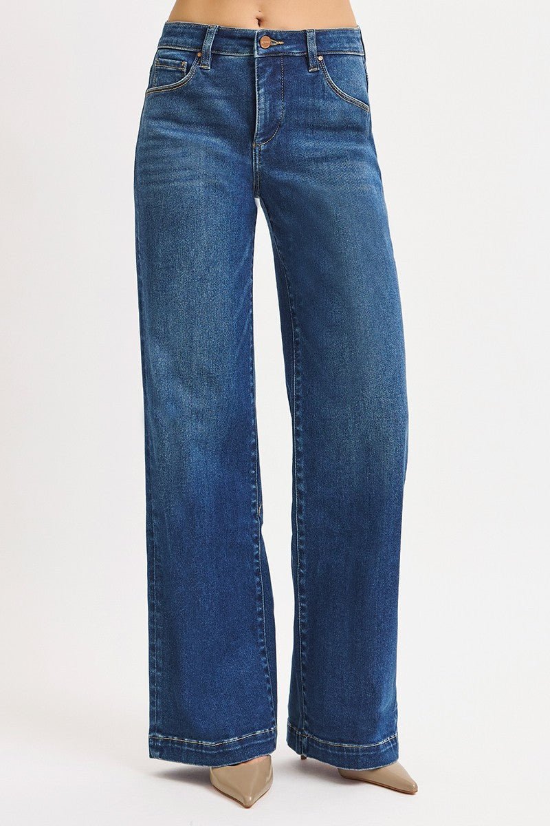 Risen Mid-Rise Wide Iron Press Line Detail Western Jeans — Dark Wash with Tummy Control & Slanted Pockets