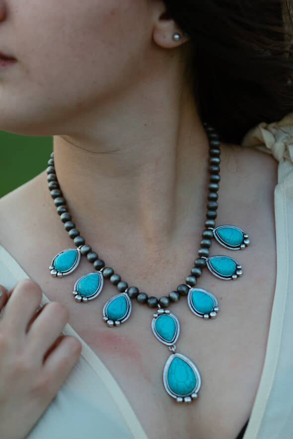 Faux Turquoise Teardrop & Silver-Tone Bead Necklace
