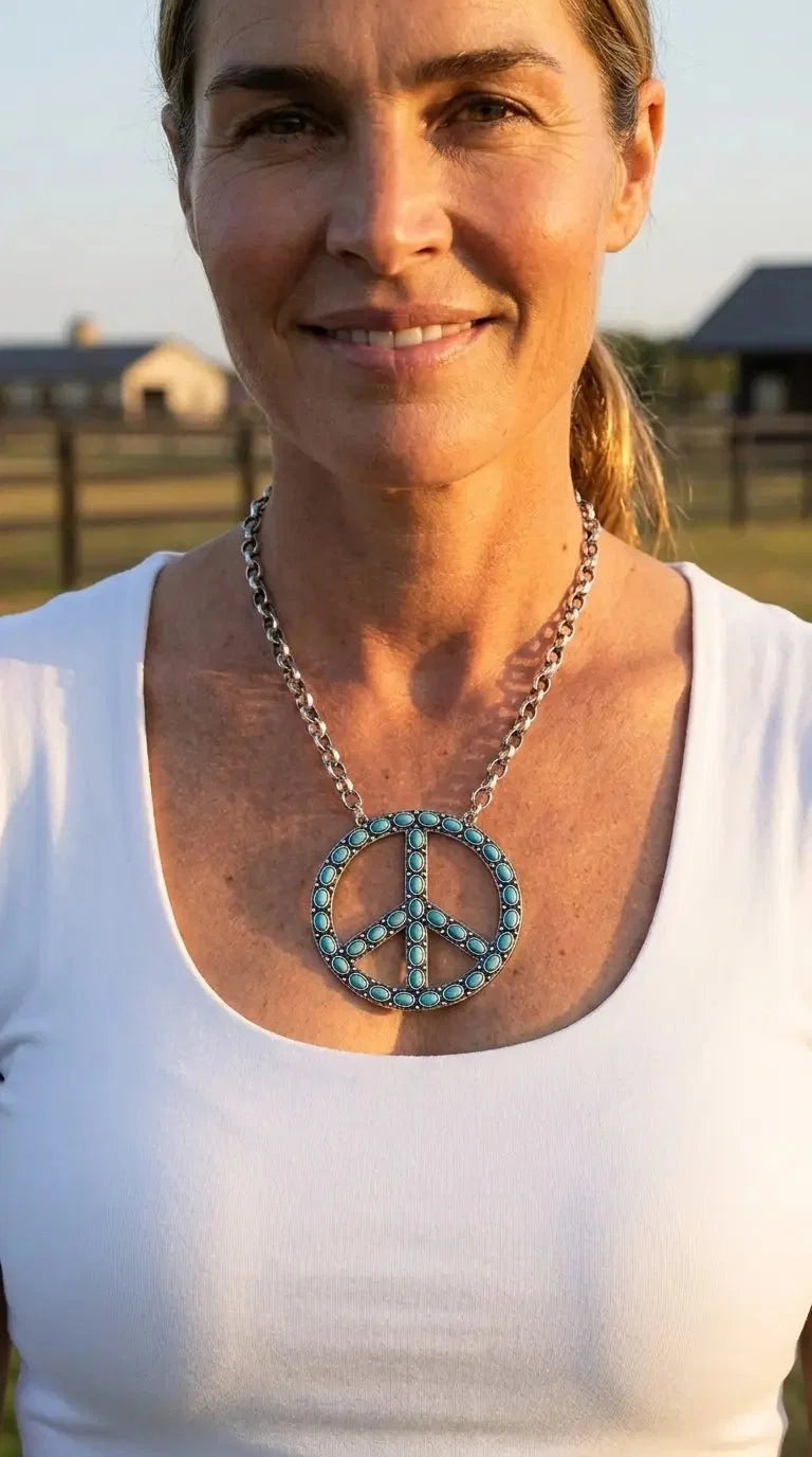 Western Turquoise Peace Pendant Necklace — 22 Inch Statement with 3" Pendant